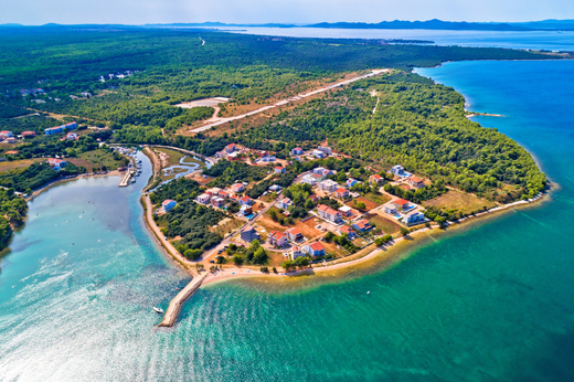 Chorvatsko Zaton beach and cap Punta Skala aerial view, Dalmatia